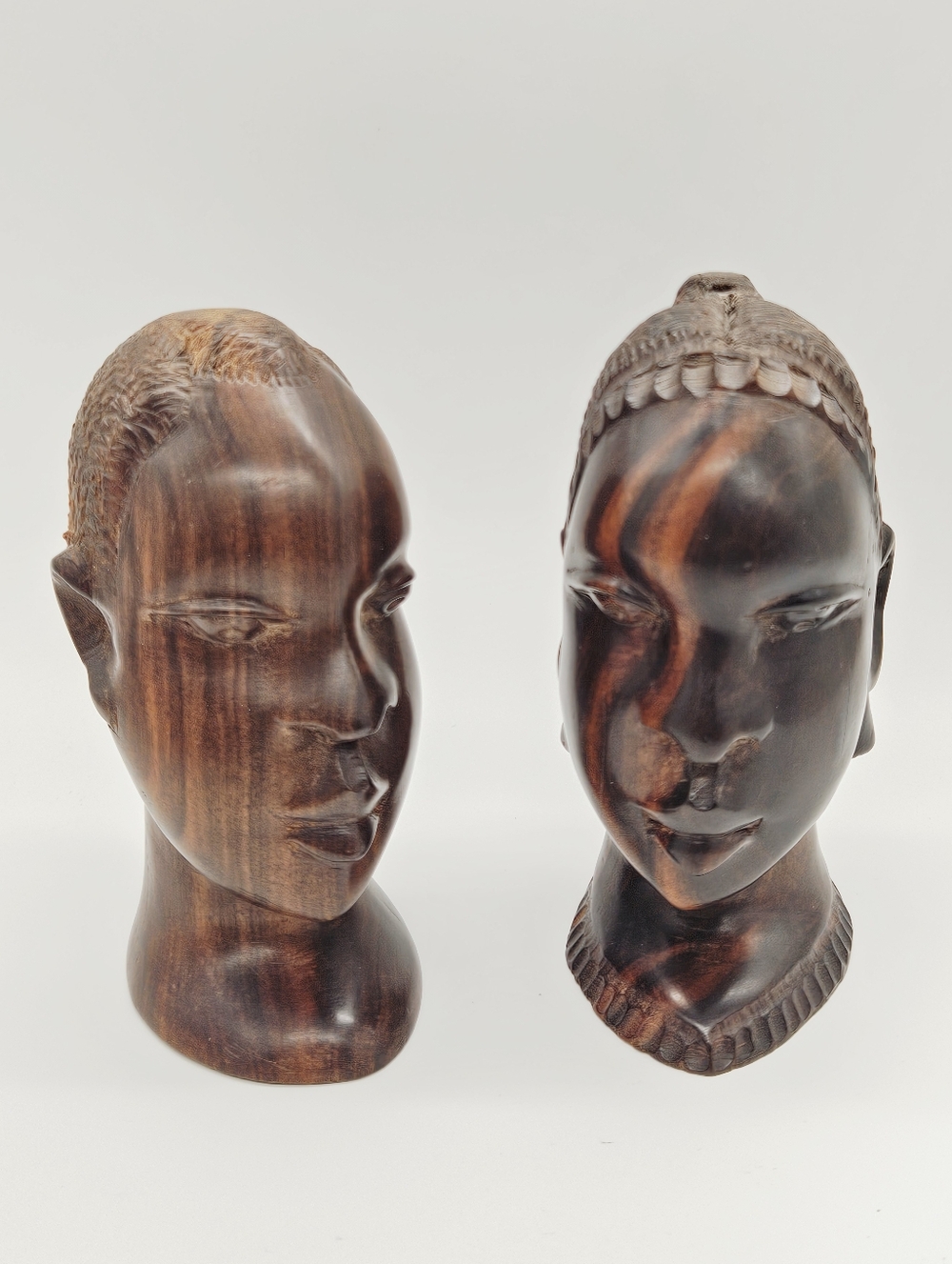 VINTAGE | hand carved decorative wooden African man & woman head bust statues